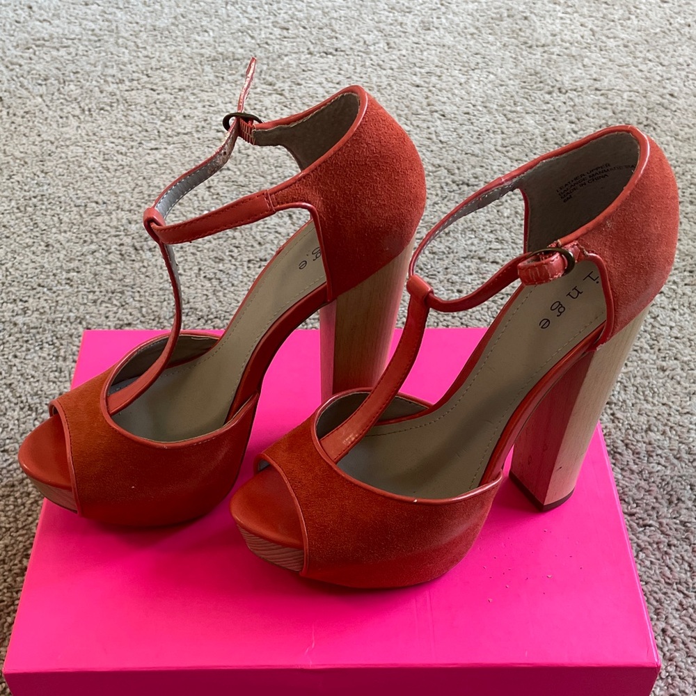 Orange suede T-Strap Platform Heels